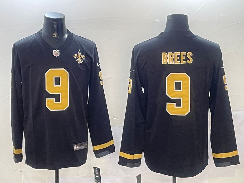 Men New Orleans Saints #9 Brees Black long sleeve 2024 Nike NFL Jersey style 0104